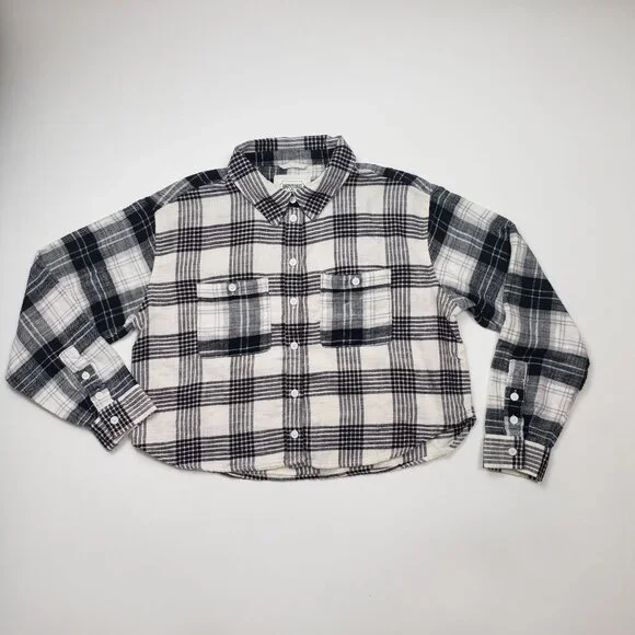 American Eagle Flannel Crop Shirt Women's Medium Black & Cream Plaid Western NWT - Picture 13 of 16